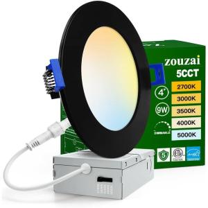 imagezouzai 1 Pack 4 Inch 5CCT UltraThin LED Recessed Ceiling Light with Junction Box 2700K3000K3500K4000K5000K Selectable 9W Eqv 80W Dimmable led can Lights  ETL and Energy Star CertifiedBlack1 Pack