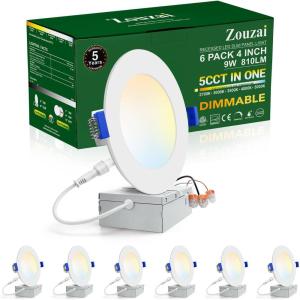 imagezouzai 1 Pack 4 Inch 5CCT UltraThin LED Recessed Ceiling Light with Junction Box 2700K3000K3500K4000K5000K Selectable 9W Eqv 80W Dimmable led can Lights  ETL and Energy Star CertifiedWhite6 Pack