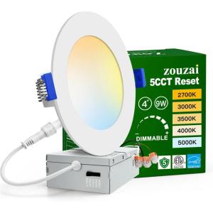 imagezouzai 1 Pack 4 Inch 5CCT UltraThin LED Recessed Ceiling Light with Junction Box 2700K3000K3500K4000K5000K Selectable 9W Eqv 80W Dimmable led can Lights  ETL and Energy Star CertifiedWhite1 Pack