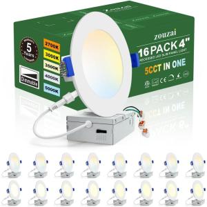 imagezouzai 1 Pack 4 Inch 5CCT UltraThin LED Recessed Ceiling Light with Junction Box 2700K3000K3500K4000K5000K Selectable 9W Eqv 80W Dimmable led can Lights  ETL and Energy Star CertifiedWhite16 Pack