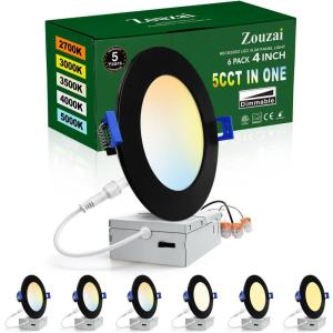 imagezouzai 1 Pack 4 Inch 5CCT UltraThin LED Recessed Ceiling Light with Junction Box 2700K3000K3500K4000K5000K Selectable 9W Eqv 80W Dimmable led can Lights  ETL and Energy Star CertifiedBlack6 Pack