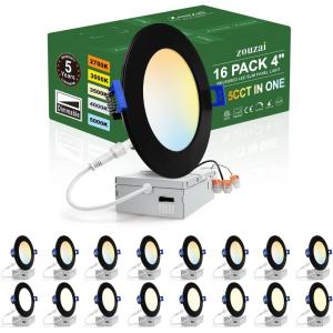 imagezouzai 1 Pack 4 Inch 5CCT UltraThin LED Recessed Ceiling Light with Junction Box 2700K3000K3500K4000K5000K Selectable 9W Eqv 80W Dimmable led can Lights  ETL and Energy Star CertifiedBlack16 Pack