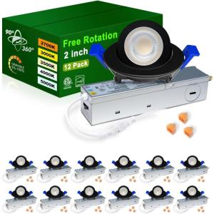 imagezouzai 1 Pack 4 inch 5CCT LED Gimbal Led Recessed Light with Junction Box 36090 Adjustable Directional Eyeball Lighting Dimmable 2700K3000K3500K4000K5000K 900LM 10W85WETLampampEnergy StarBlack 12 Pack