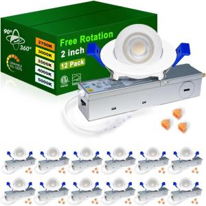 imagezouzai 1 Pack 4 inch 5CCT LED Gimbal Led Recessed Light with Junction Box 36090 Adjustable Directional Eyeball Lighting Dimmable 2700K3000K3500K4000K5000K 900LM 10W85WETLampampEnergy StarWhite 12 Pack