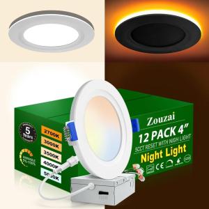 imagezouzai 12 Pack 4 Inch Black 5CCT Reset UltraThin LED Recessed Ceiling Light with Junction Box 2700K3000K3500K4000K5000K Selectable 9W Dimmable led can Lights  ETL and Energy Star Certified5CCT2000K Night Light