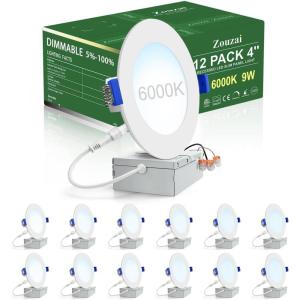 imagezouzai 12 Pack 4 Inch Black 5CCT Reset UltraThin LED Recessed Ceiling Light with Junction Box 2700K3000K3500K4000K5000K Selectable 9W Dimmable led can Lights  ETL and Energy Star Certified6000K Clear White