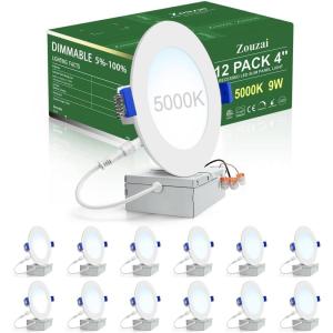 imagezouzai 12 Pack 4 Inch Black 5CCT Reset UltraThin LED Recessed Ceiling Light with Junction Box 2700K3000K3500K4000K5000K Selectable 9W Dimmable led can Lights  ETL and Energy Star Certified5000K Daylight