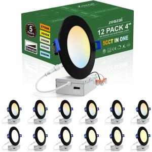 imagezouzai 12 Pack 4 Inch Black 5CCT Reset UltraThin LED Recessed Ceiling Light with Junction Box 2700K3000K3500K4000K5000K Selectable 9W Dimmable led can Lights  ETL and Energy Star Certified5CCTBlack