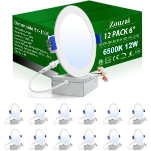 imagezouzai 12 Pack 6 Inch UltraThin LED Recessed Lights 6500K Cool White 12W110W Dimmable with Junction Box Commercial Office Lighting for Kitchen Bathroom Retail Workspaces6 inch