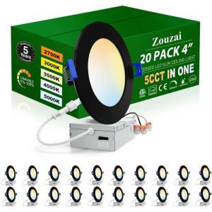 imagezouzai 20 Pack 4 Inch UltraThin LED Recessed Ceiling Light with Junction Box 5CCT Adjustable Dimmable CanKiller Downlight  ETL and Energy Star Certified5CCTBlack
