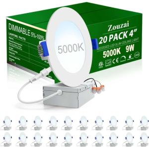 imagezouzai 20 Pack 4 Inch UltraThin LED Recessed Ceiling Light with Junction Box 5CCT Adjustable Dimmable CanKiller Downlight  ETL and Energy Star Certified5000KDaylight