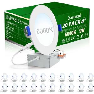 imagezouzai 20 Pack 4 Inch UltraThin LED Recessed Ceiling Light with Junction Box 5CCT Adjustable Dimmable CanKiller Downlight  ETL and Energy Star Certified6000KCool White