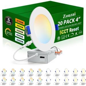 imagezouzai 20 Pack 4 Inch UltraThin LED Recessed Ceiling Light with Junction Box 5CCT Adjustable Dimmable CanKiller Downlight  ETL and Energy Star Certified5CCT