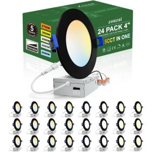imagezouzai 24 Pack 4 Inch UltraThin LED Recessed Ceiling Light with Junction Box 5CCT Adjustable Dimmable CanKiller Downlight  ETL and Energy Star Certified 24 Pack 5CCT White 4 Inch5CCTBlack