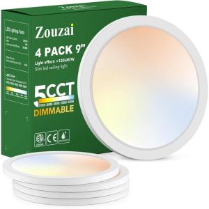 imagezouzai LED Flush Mount Ceiling Light Dimmable 5CCT Selectable 2700K6000K 9 Inch 18W UltraThin Round Lighting Fixture ETL ampamp Energy Star Listed White 4 Pack4 Pack