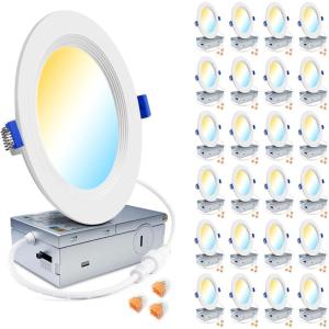 imagezouzai 24 Pack UltraThin LED Recessed Ceiling Light with Junction Box 5CCT Adjustable Dimmable CanKiller Downlight  ETL and Energy Star Certified Baffle 6 inch6 inch
