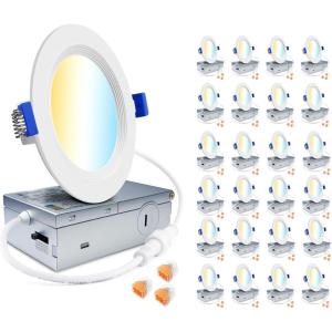 imagezouzai 24 Pack UltraThin LED Recessed Ceiling Light with Junction Box 5CCT Adjustable Dimmable CanKiller Downlight  ETL and Energy Star Certified Baffle 6 inch4 inch