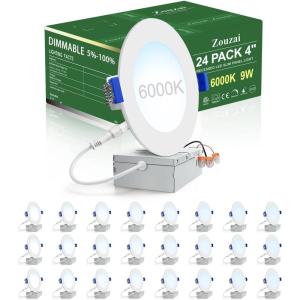 imagezouzai 24 Pack 6 Inch UltraThin LED Recessed Ceiling Light with Junction Box 5000K Daylight 12W 110W Eqv Dimmable CanKiller Downlight 1080LM High Brightness  ETL and Energy Star Certified6000K Clear White